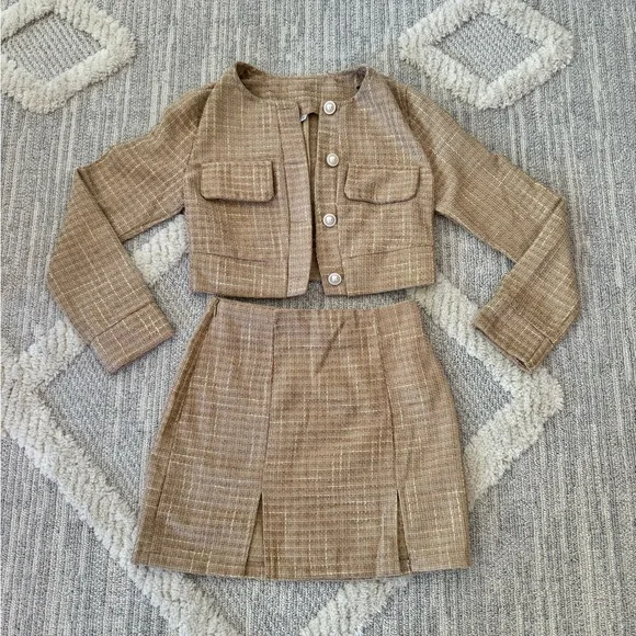 Women’s two piece tweed cropped blazer and skirt set - Picture 1 of 5